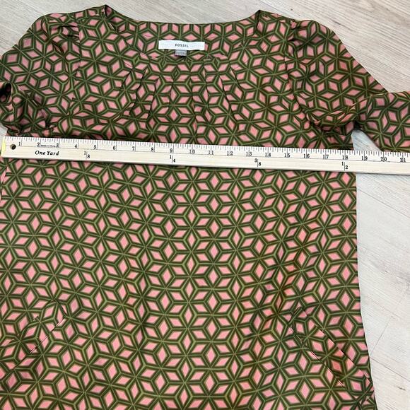 Fossil Pink Green Geometric Business Casual 3/4 Sleeve Shift Mini Dress, Small - Picture 11 of 12